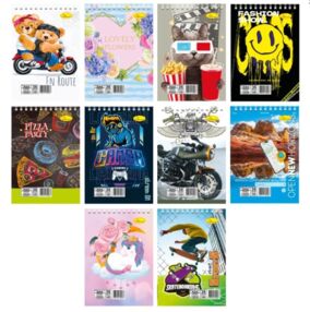 блокнот А7 36 аркушів лакована обкладинка пружина зверху в асортименті