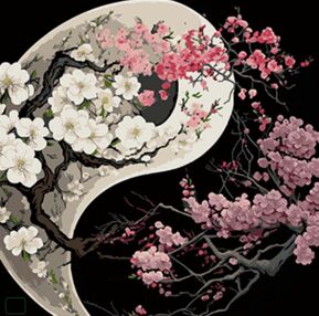 Розпис по номерах 40х40 AV4040-47 Симетрія інь-янь з квітами на чорному фоні "Strateg"