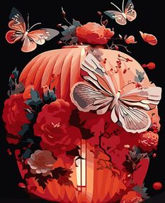 Розпис по номерах 40х50 AH1009 Японський ліхтар у квітах на чорному фоні "Strateg"