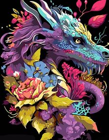 Розпис по номерах 40х50 AH1037 Дракон у квітках на чорному фоні "Strateg"
