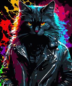 Розпис по номерах 40х50 AH1015 Брутальний кіт у курточці на чорному фоні "Strateg"