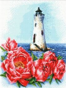Алмазна мозаїка 30х40 АМО7552 Маяк з півоніями "Ідейка"