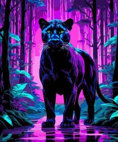 Розпис по номерах 30х40 FH-12 Пантера серед фіолетових тропіків на чорному фоні "Strateg"