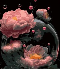 Розпис по номерах 40х50 AH1112 Півонії в водяному світі на чорному фоні "Strateg"
