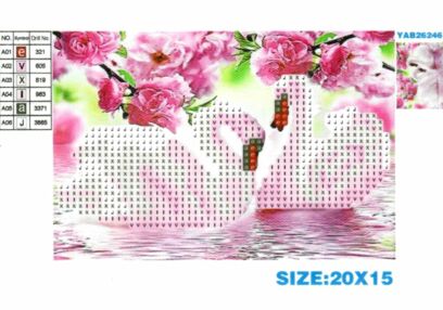 Алмазна мозаїка 10х15 YAB26246 Пара лебедів серед рожевих квітів "Strateg"