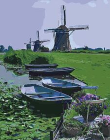 Розпис по номерах 40х50 SY6493 Човники на фоні млина на кольоровому фоні "Strateg"