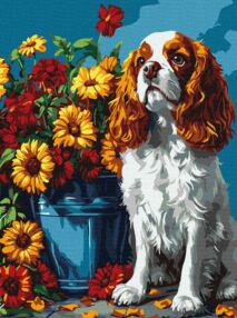 Розпис по номерах 30х40 КНО6673 Спанієль та квіти "Ідейка"