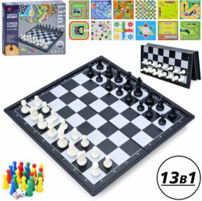 Гра настільна 13 в 1 шахматні фігури фішки кубики картки 6 штук ігрове поле 2612-A