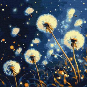 Розпис по номерах 40х40 KHO3314 Летючі кульбаби у вечірньому небі "Ідейка" з фарбами металік