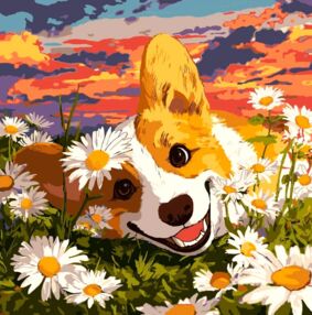 Розпис по номерах 40х40 КНО6798 Коргі в квітах "Ідейка"