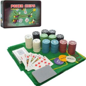 Гра настільна покер 300 фішок 2 колоди карт сукно в металевій коробці A164
