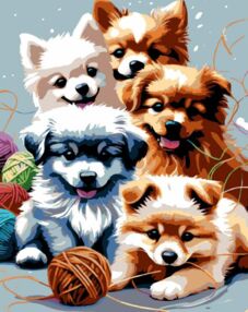 Розпис по номерах 40х50 AH1226-19 Грайливі цуценята на чорному фоні "Strateg"