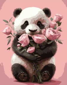 Розпис по номерах панда з букетом троянд на чорному фоні 40х50 AH1221-17