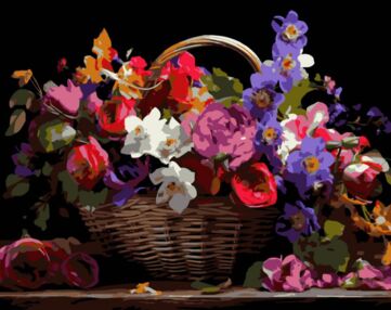 Розпис по номерах 40х50 AH1213-19 Кошик різнокольорових квітів на чорному фоні "Strateg"