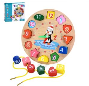 Гра деревяна Годинник рамка вкладиш фігури-цифри шнурівка 3 види MD 0766