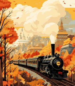 Розпис по номерах 40х50 MZ072 Потяг і осінній пейзаж на кольоровому фоні "Strateg"