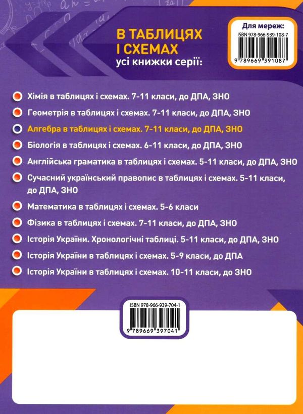 алгебра в таблицях і схемах 7 - 11 клас Ціна (цена) 57.50грн. | придбати  купити (купить) алгебра в таблицях і схемах 7 - 11 клас доставка по Украине, купить книгу, детские игрушки, компакт диски 8