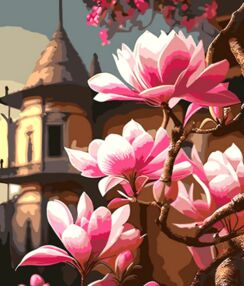 Розпис по номерах 40х50 MZ066 Сакура на фоні китайської пагоди на кольоровому фоні "Strateg"