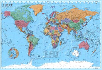 карта політична світу М 1:30 000 000 стінна папір ламінація 100х70 см